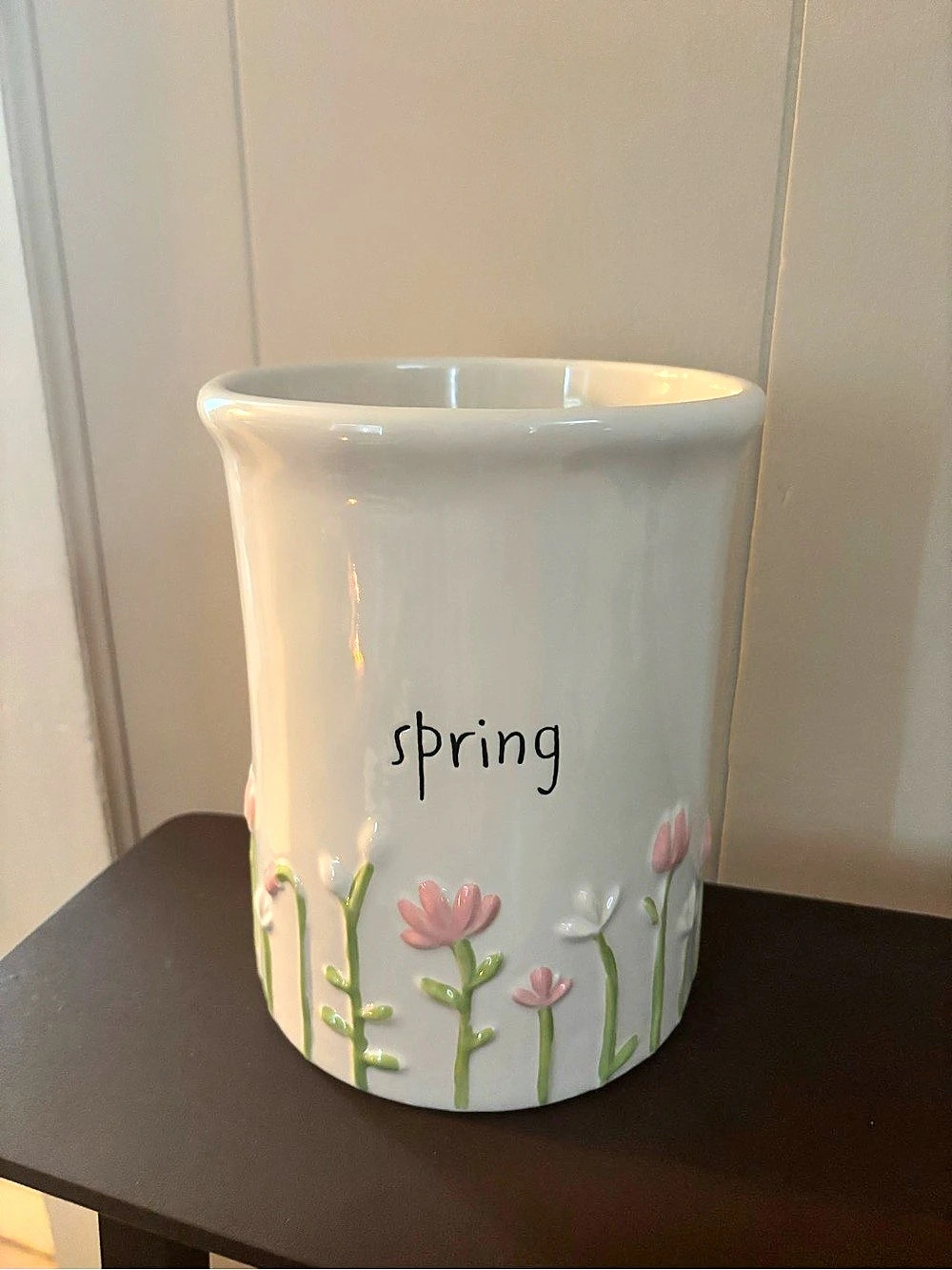 Rae Dunn Spring Utensil Crock White & Pink Ceramic Decor